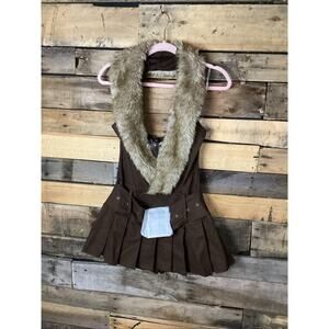 Cherry Mellow Brown Mini Pleated Skort Dress With Faux Fur Size Medium